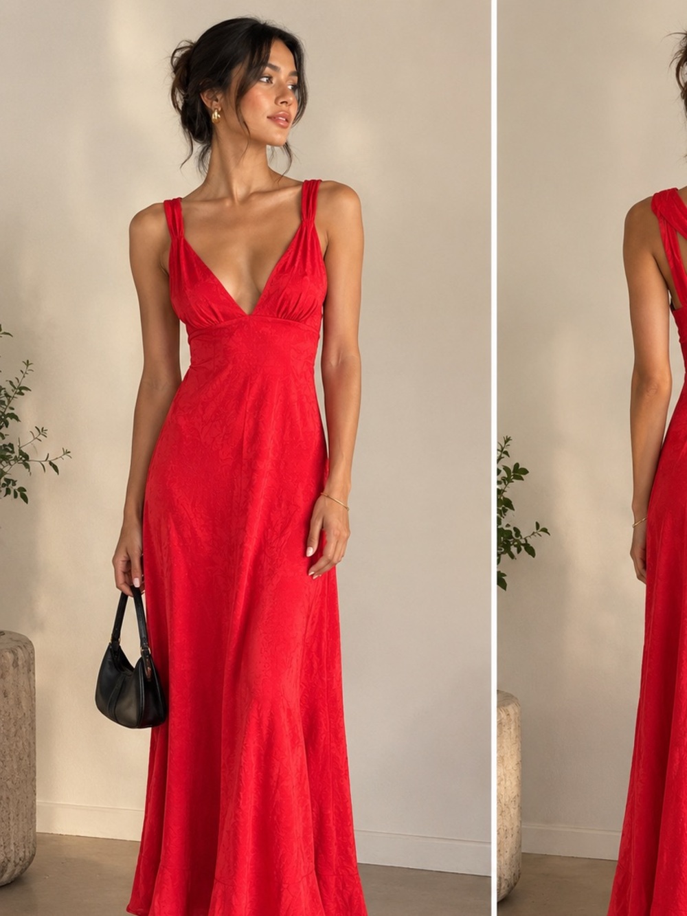 J. Crew Red 100% silk V‑Neck Maxi Dress with Twist Back Straps